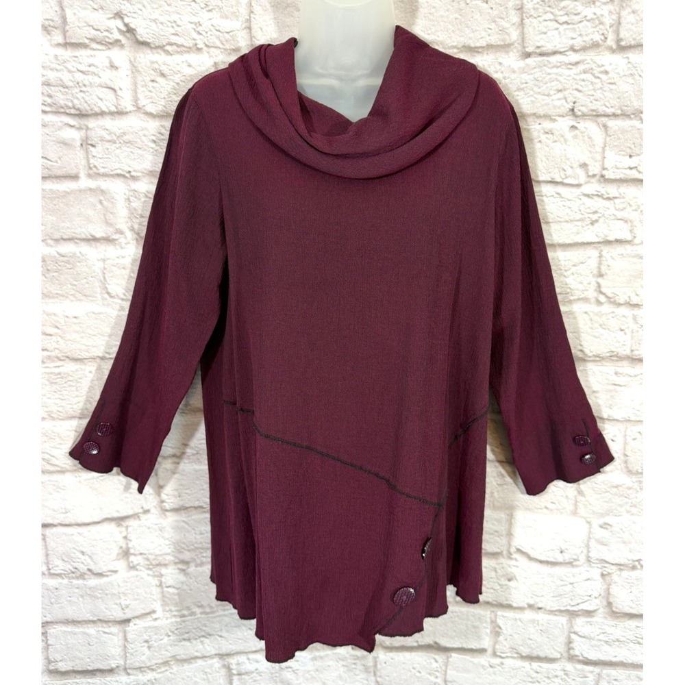 Ali Miles Tunic Top Womens M Burgundy Cowl Neck Crinkle Relaxed Lagenlook Artsy